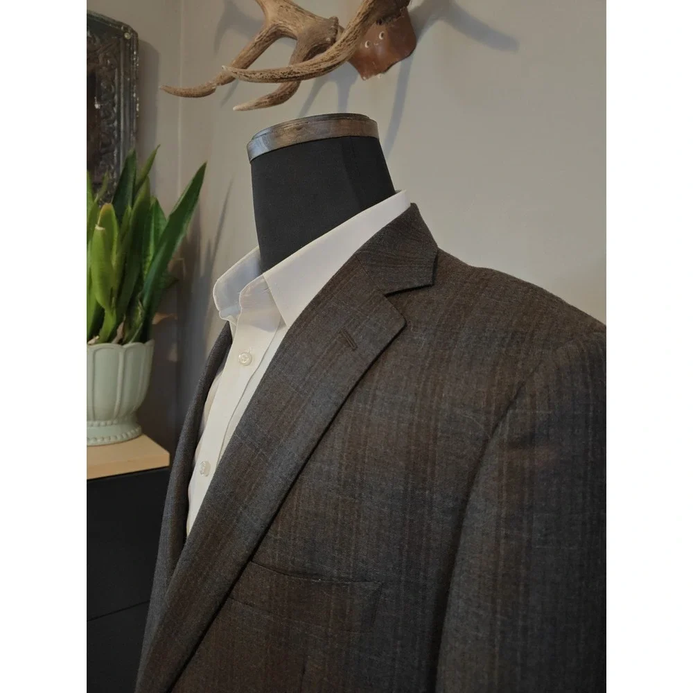 J Hilburn Mens 43L Wool Sport Coat Blue Brown Plaid Classic Fit 2 Button D701